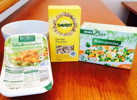 BioBio Tofu-Bratstreifen, Davert Quinoa Tricolore, Rewe Bio Buttergemüse