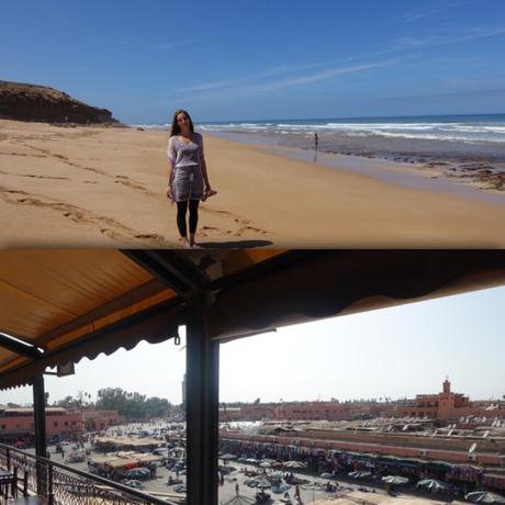 Oben Maikikii am Strand in Oualidia, Marokko und unten der berühmte Djemaa el Fna in Marrakesch, Marokko