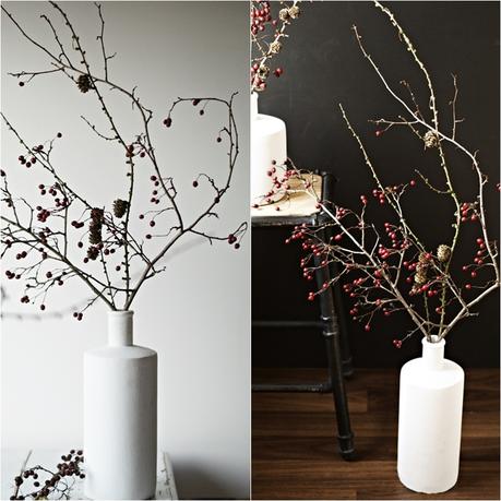 Blog + Fotografie by it's me! - Collage einer hohen weißen Steingutvase mit Zweigen
