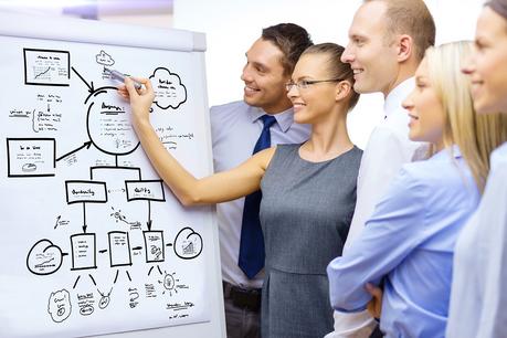 business and office concept - smiling business team with plan on flip board having discussion