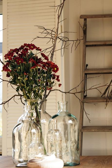 Blog + Fotografie by it's me! - dunkelrote Chrysanthemen, weißer Fensterladen, Glasflaschen, alte Leiter