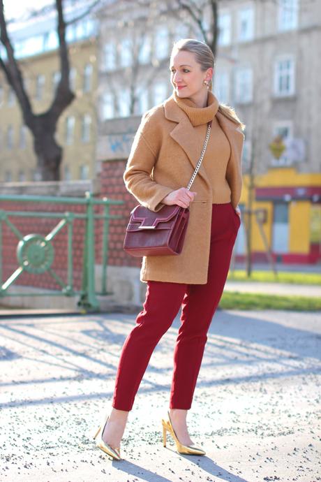 Camel coat & burgundy red pants