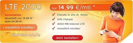 Simdiscount: LTE Allnet Flat ohne Laufzeit für 14,99 Euro mtl.!