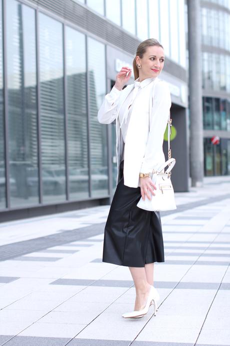 Leather culottes & bow neck blouse