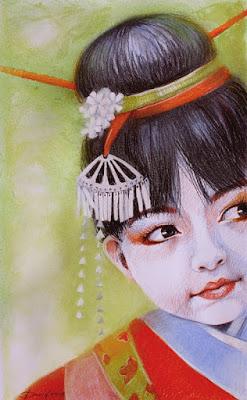 Japanisches Mädchen Zeichnung von Olga David Pastell auf Karton