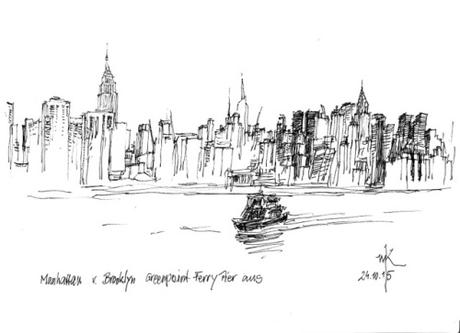 Wolfgang Krisai: Manhattan vom Greenpoint Ferry Pier in Brooklyn aus. Tuschestift-Skizze, 2015.