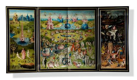 Ausklapptafel des Garten der Lüste, um 1503 Linker Innenflügel: Paradies mit der Zuführung Evas Mitteltafel: Menschheit vor der Sintflut