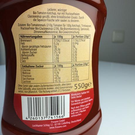 frusano Ketchup Label mit Inhaltsstoffen, Nährwerttabelle und Zusatzinformationen