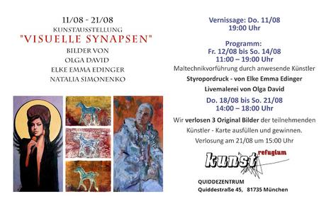 Kunstausstellung VISUELLE SYNAPSEN Olga David, Elke Erdingern, Natalia Simonenko.  11 - 21. August 2016 im Kulturtreff Quiddezentrum, München