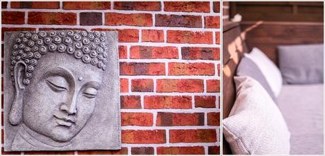 Blog + Fotografie by it's me | fim.works | Ein Garten im Norden | Collage von Buddha-Bild aus Beton und Kissen in einer Lounge