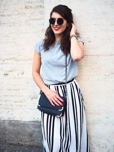 zaful striped skirt street style summer asos quilted chain bag adidas white superstar round sunglasses summer look midi length
