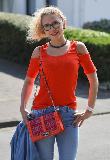 Outfit: Rebecca Minkoff Love Crossbody and Cold-Shoulder Top