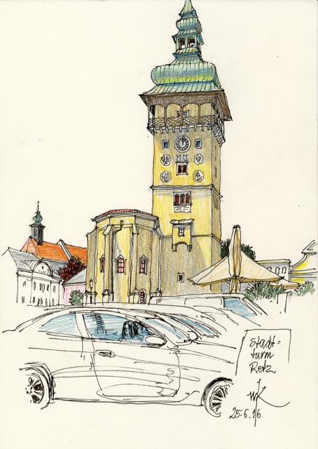 Wolfgang Krisai: Stadtturm von Retz. Tuschestift, Buntstift, 2016.