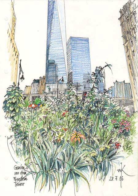 Wolfgang Krisai: Garten vor dem Freedom Tower, New York. Tuschestift, Buntstift. 2016.