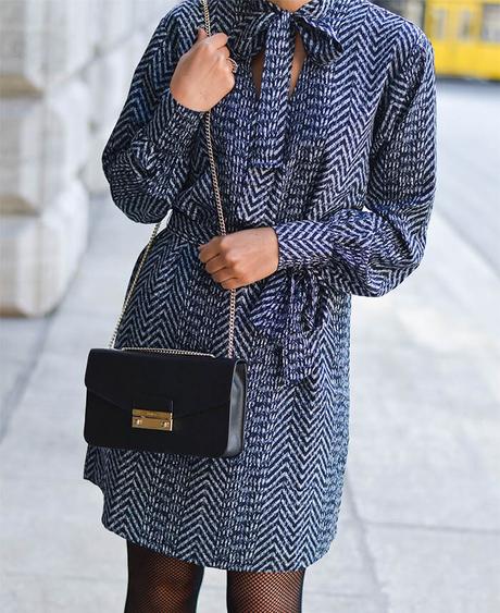 Outfit: Bow Tie Dress, Fishnet Stockings, Furla Bag and Ankle Boots