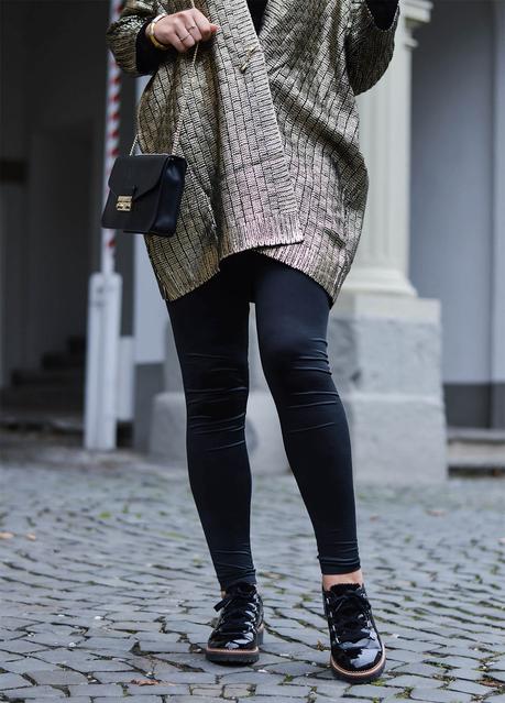 Outfit: Golden metallic knit, Furla and patent shoes in mountaineering look
