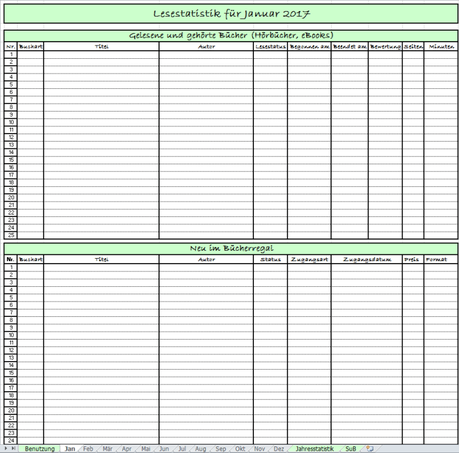 Excel-Tabelle für Lesestatistik 2017