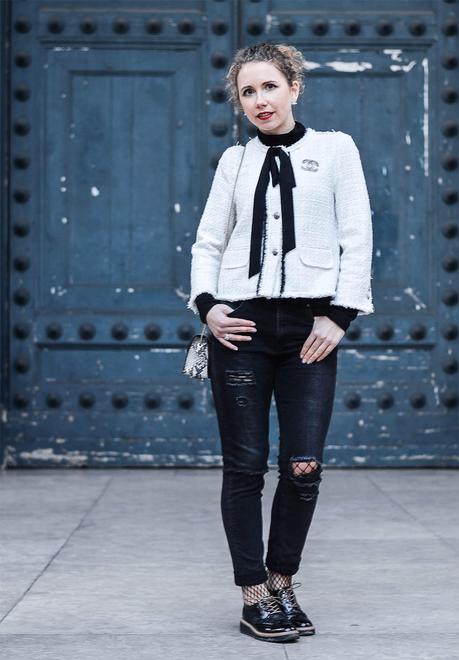 Outfit: Zara Tweed Jacket, Ripped Jeans and Chanel Jewelry in Paris