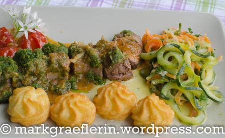 Ostersonntag: Lammfilet mit Bärlauch, Zucchini-Möhrengemüse, Pommes Duchesse