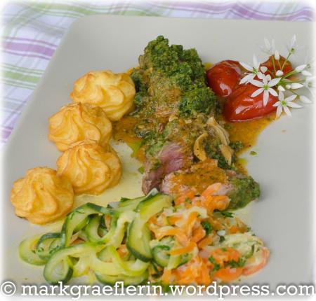 Ostersonntag: Lammfilet mit Bärlauch, Zucchini-Möhrengemüse, Pommes Duchesse