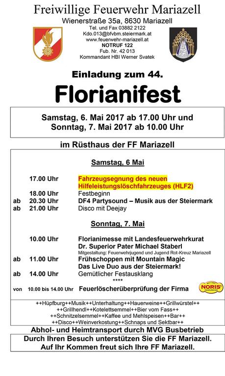 Einladung zum Florianifest der FF-Mariazell 2017