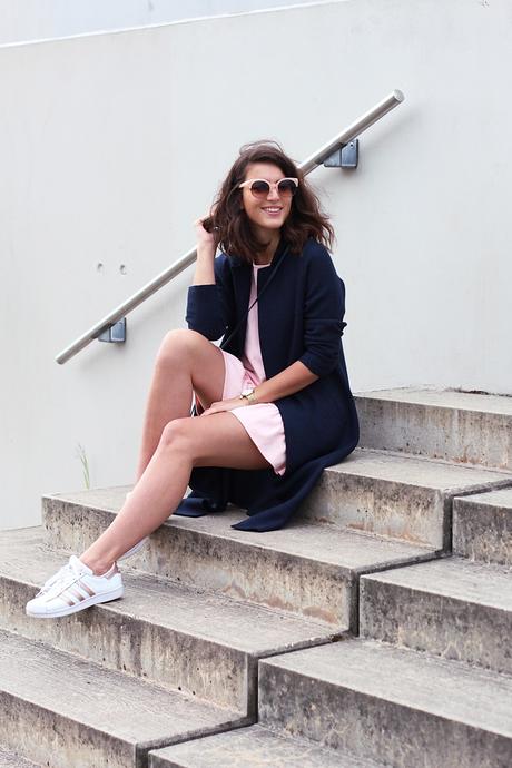 pink ruffle dress reserved shift fitted coat blue color trend 2017 how to wear style streetstyle berlin blog samieze adidas superstar