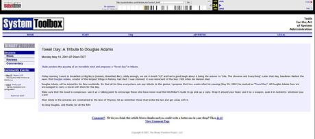 Kuriose Feiertage - 25. Mai - Handtuchtag - Screenshot Towel Day - A Tribute to Douglas Adams - der Ausgangspunkt des Towel Day am 14. Mai 2001