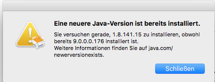 Mac OS X: Installation von Java 1.8.141,15 nicht nötig, da schon 9.0.0.0.176 vorhanden!