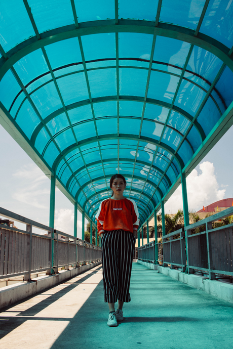 Orange sweater meets blue culottes