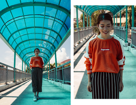 Orange sweater meets blue culottes