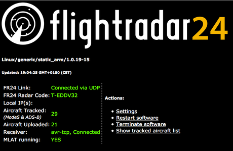 Beluga Airbus A300 mit Raspberry Pi getrackt view via Settingssite von flightradar24 Feeder (dump1090)