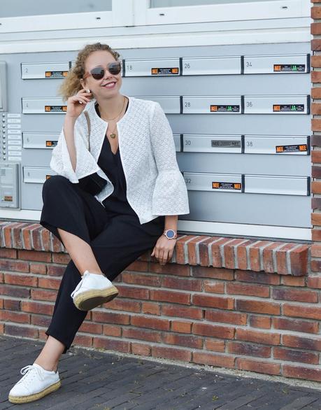 Outfit: Black Culottes, White Lace Jacket and Platform Raffia Sneakers