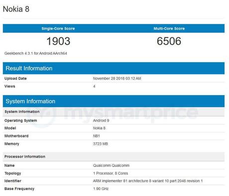 Nokia 8 mit Android 9 Pie im Geekbench gesichtet Nokia 8 mit Android 9 Pie im Geekbench gesichtet
