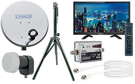 Mobile Sat-Anlage Test 2019 | Vergleich der besten mobilen Sat-Anlagen SCHWAIGER -TVSET- Camping-Sat-Anlage digital komplett / Camping Satelitenschüssel / TV 20' / Satelliten-Schüssel mit Single LNB / Sat-Kabel 10 m / Dreibeinstativ / Sat Antenne aus Stahl, 42 x 42 cm