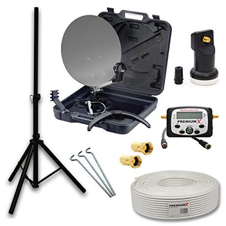 Mobile Sat-Anlage Test 2019 | Vergleich der besten mobilen Sat-Anlagen PremiumX HD Camping SAT Anlage im Transport Koffer Schüssel mit Digital Single LNB + 10m Koax TV Kabel mit F-Stecker + Dreibein Stativ Tripod Ständer inkl. 3x Heringe + LCD SatFinder mit Anschlusskabel