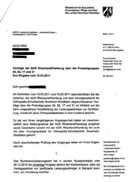 Die Zertifizierungsverpflichtung von Betrieben der Orthopädieschuhtechnik: Das MGEPA NRW hat auch eine Meinung!