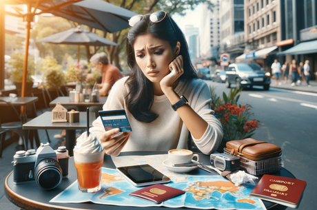 Digitaler Nomade in Tansania: Arbeiten zwischen Serengeti und Sansibar Eine Frau sitz in einem Straßencafé udn sieht ihre Kreditkarte verzweifelt an. Die Kreditkarte wurde für Kreditkartenbetrug missbraucht. sie fragt sich, was sie tun soll und wie sie jetzt an Geld kommen kann.