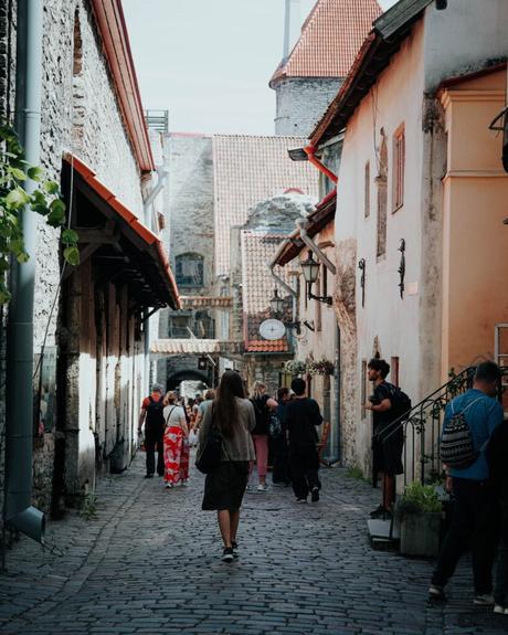 Tallinn: Die 10 besten Sehenswürdigkeiten Menschen schlendern durch eine schmale Kopfsteinpflasterstraße in Tallinn, gesäumt von alten Gebäuden aus Stein und Stuck, und genießen den sonnigen Tag.
