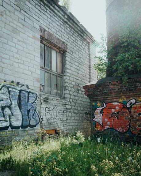 Tallinn: Die 10 besten Sehenswürdigkeiten Altes Backsteingebäude in Tallinn mit Graffiti an den Wänden, überwuchertem Gras und Sonnenlicht, das durch die Bäume fällt.