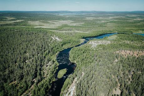 Im Bann des Mitternachtslichts: Ein Abenteuer in Finnisch-Lappland Luftaufnahme eines gewundenen Flusses, umgeben von dichtem grünen Wald und fernen Hügeln unter klarem Himmel.