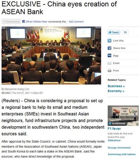 ASEAN: China eyes Creation of ASEAN Bank.