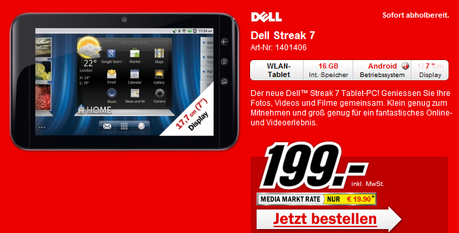 Dell Streak 7: 7 Zoll Honeycomb-Tablet für 199 Euro bei Media Markt