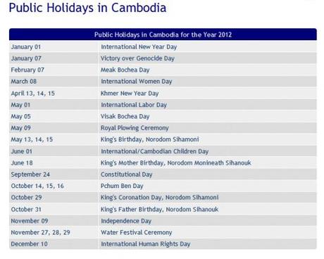 Cambodian Public Holidays 2012.