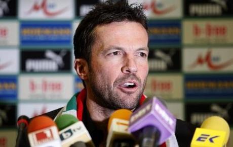 Newly appointed coach of the Bulgarian national soccer team Lothar Matthaeus speaks during a news conference in Sofia, September 23, 2010. REUTERS/Stoyan Nenov (BULGARIA - Tags: SPORT SOCCER)