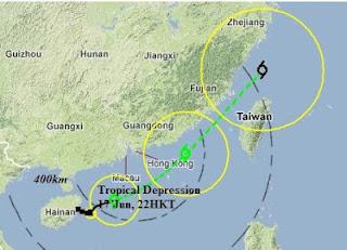 Tropisches Tief 6W (pot. Tropischer Sturm TALIM) bei Hong Kong zieht voraussichtlich nach Taiwan, Talim, Taifunsaison 2012, Taifunsaison, China, Hongkong, aktuell, Juni, 2012, Vorhersage Forecast Prognose, Verlauf, Zugbahn, 