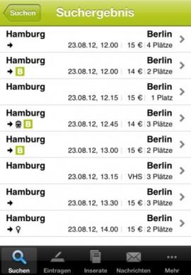 mitfahrgelegenheit.de - iPhone, iPod touch, iPad - Screenshot Sucherergebnis l Apps4Success.net mitfahrgelegenheit.de – für unterwegs auf iPad, iPhone, iPod touch