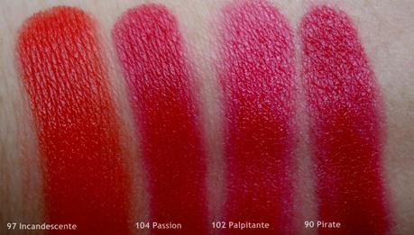 Rouge Allure Lipstick Swatches - 97 Incandescente, 104 Passion, 102 Palpitante, 99 Pirate