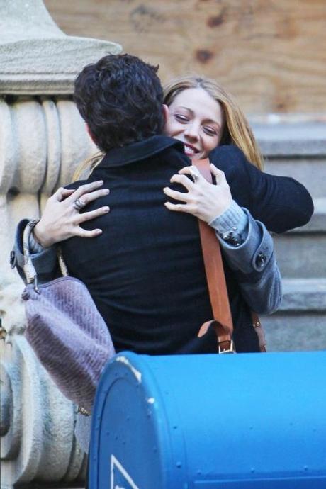 46909, NEW YORK, NEW YORK - Monday November 1, 2010. Blake Lively gives Penn Badgley, 'Gossip Girl' co-star and now ex-boyfriend, a hug in between takes and on his 24th birthday! Photograph:  Wagner Az, PacificCoastNews.com