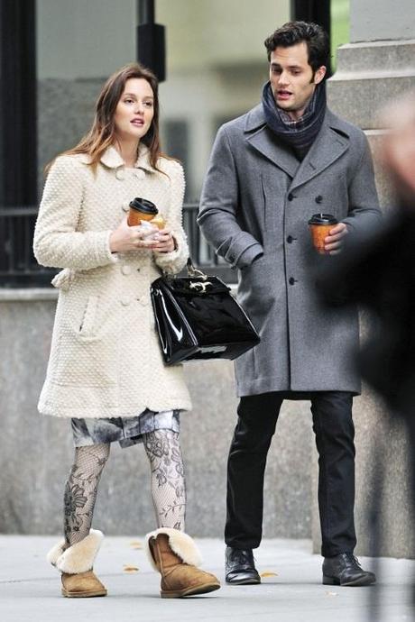 47542, NEW YORK, NEW YORK - Tuesday November 16, 2010. Leighton Meester and Penn Badgley film Gossip Girl in Union Square together. Badgley, who recently celebrated his 24th birthday, stays warm in a double breasted grey coat and scarf while Meester opted for lace stockings and an ivory coat. Photograph: PacificCoastNews.com