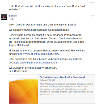Becks Facebook Social Media Team Antwort